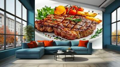 Juicy grilled beef steak served on a white plate with garnish, isolated on white background Wall mural