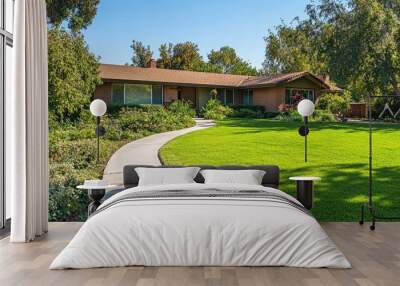 Lush lawn next to a one-story home with a neat garden and pathway leading to the entrance Wall mural