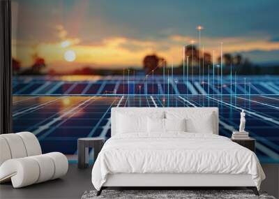 Photovoltaic station and financial graphs, showing the increase in electricity prices and green energy development Wall mural