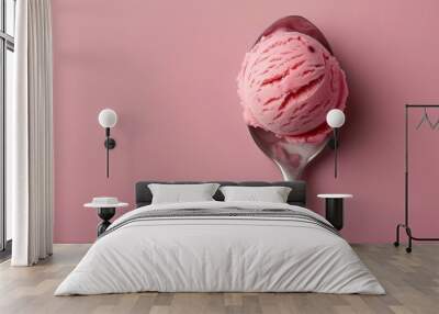 pink strawberry ice cream ball in a spoon, top view Wall mural