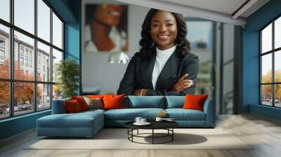 Portrait, black woman and smile with arms crossed in office for confidence, corporate pride and professional lawyer in Nigeria. Happy african female advocate working in company, Wall mural