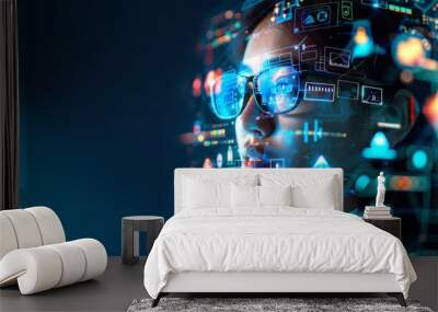 portrait of a woman with virtual reality projections of digital icons around her face Wall mural