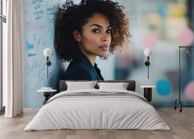 Professional businesswoman standing by a whiteboard, explaining a strategy to her team Wall mural