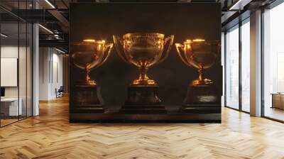 rendering of three golden trophies on a dark pedestal, shining brightly Wall mural