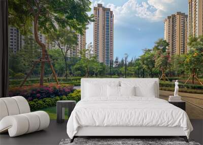 Scenic view of towering trees and manicured gardens, offering a refreshing oasis for city dwellers to enjoy leisurely strolls. Wall mural