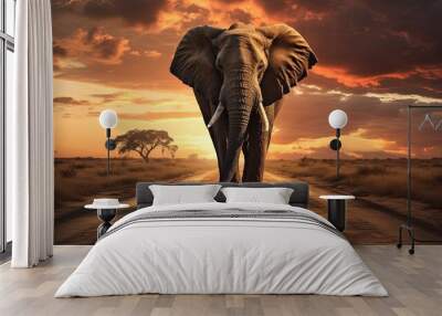 Single elephant walking in a road with the Sun from behind Wall mural