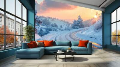 Snowy and frozen mountain road in winter landscape. Uludag National Park Wall mural