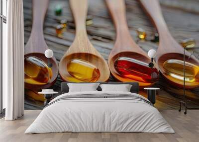 Soft gels, fish oil, and omega 3 capsules in a wooden spoon, vitamins D and E Wall mural