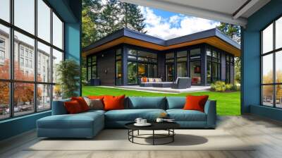 Stylish contemporary home with flat roof, brown trim, and green lawn, featuring an outdoor furnished patio, with a blue sky and forest in the background Wall mural