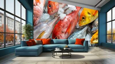 Top view of variety of fresh fish and seafood on ice Wall mural