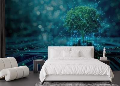 Tree with soil at the converging point of a computer circuit board. Blue light and wireframe network background, symbolizing green computing Wall mural