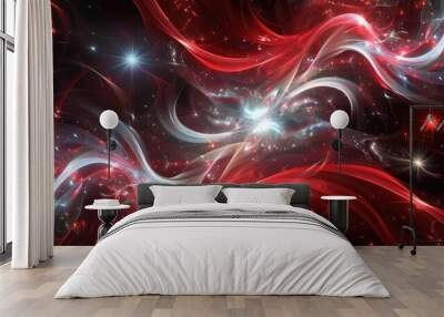 Vibrant neon red and white swirls and stars creating a lively abstract design. Wall mural