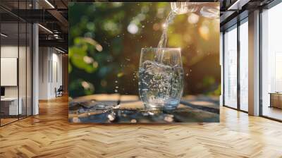 Water in jug poured into glass on wood with nature background. World Water Day Wall mural