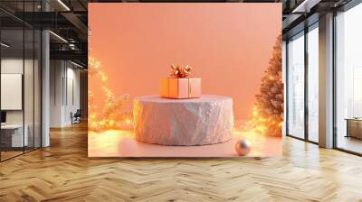 A stone podium centerpiece with a present on top, encircled by a Christmas tree and glowing lights, against a light pink and soft orange color scheme. Wall mural