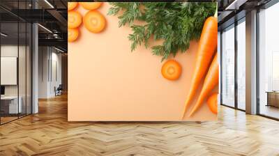 Carrots, whole and sliced, spread on beige, clean and clutter-free aesthetic, top view, ideal for health and nutrition visuals, Carrots on beige, Minimalist food concept Wall mural