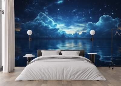 Fantasy night sky over a majestic ocean, glowing clouds and stars reflecting on the water, surreal celestial landscape, perfect for dreamlike concepts Wall mural