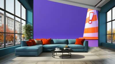 Floating 3D exclamation mark paired with an orange striped cone, playful and bold colors, purple background, abstract safety iconography, modern digital rendering Wall mural