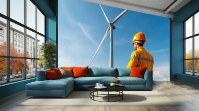 Wind turbine worker observing renewable energy environment Wall mural