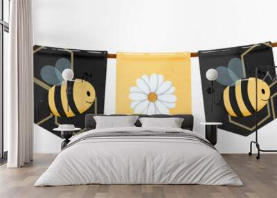 Bee and flower garland, bunting party decoration Wall mural