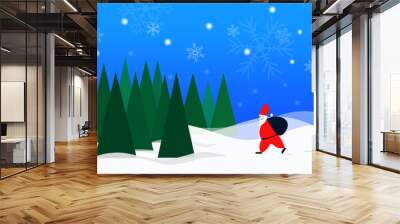 santa claus and christmas trees with snowflakes on snow background Wall mural