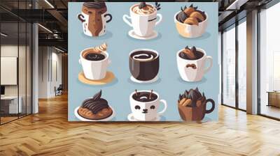 coffee set graphic clipart design, cute, isometric style, sticker, Wall mural