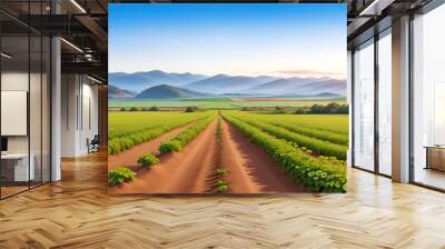 Landscape farm with Strawberry field in the morning, a beautiful summer garden with a strawberry meadow and sunset. Berry Cultivation Farming Illustration. Ripe Strawberries, Fruits Harvest Wall mural