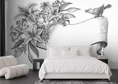 Lily flowers hand drawing vintage clip art with banner and bird Wall mural