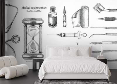 Medical equipment set hand drawing vintage style Wall mural