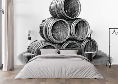 Stack of Beer barrel hand drawn vintage engraving style black and white clip art isolated on white background Wall mural