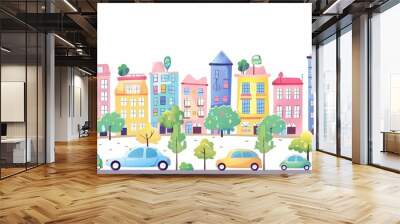 A cute cartoon Style ofA cityscape with electric cars driving on the streets Wall mural