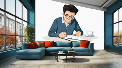 A focused man writes notes in a notebook, enjoying a cup of coffee, ideal for office or study themes. Wall mural