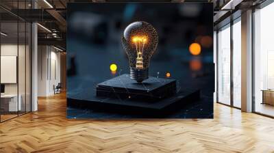 A glowing light bulb on a dark surface, representing creativity and innovative ideas with a modern design and technology elements. Wall mural