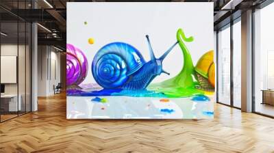 A group of colorful snails leave a rainbow trail of slime as they go white background Wall mural