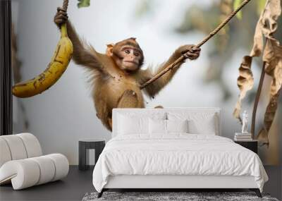 a playful monkey swings from vine to vine, holding a banana white background Wall mural