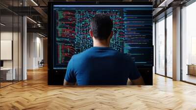 A programmer analyzing complex data on a large screen, showcasing modern technology and digital innovation. Wall mural