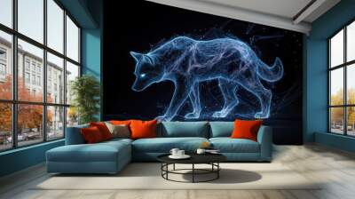 A stunning digital illustration of a glowing wolf showcased in a captivating blue neon style against a dark background. Wall mural