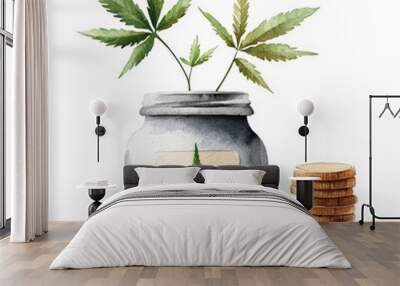 A stylish jar with cannabis leaves and coins symbolizes the growing industry of cannabis and its potential for investment. Wall mural