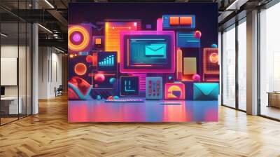 A vibrant digital collage showcasing various tech devices, emphasizing communication and data through colorful graphics. Wall mural