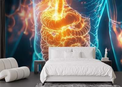 A vibrant illustration of the human digestive system highlighting its intricate structure and glowing energy pathways. Wall mural