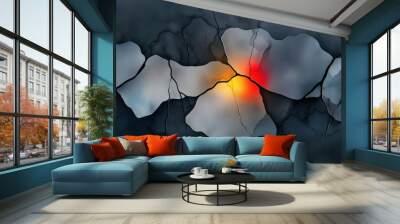 Abstract artwork featuring cracked surfaces with glowing elements, creating a captivating and dramatic visual. Wall mural