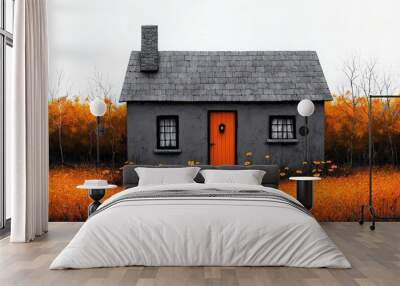 An orange door house surrounded by vibrant orange flowers in a serene landscape. Wall mural