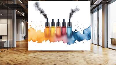 Colorful vape bottles with smoke and splashes of ink, perfect for illustrating modern vaping culture and artistic designs. Wall mural