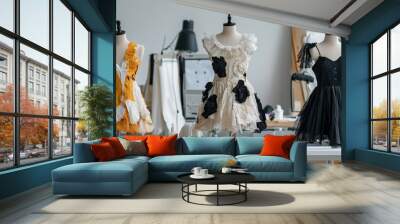 Creative fashion studio showcasing diverse dress designs on mannequins in a stylish workspace. Wall mural