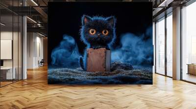 Cute black cat doll with big eyes, sitting on a mystical book, smoky background. Wall mural