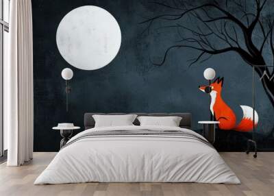 Fox sitting under a full moon, dark night background with a silhouette of trees. Wall mural