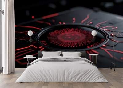 Futuristic circuit design with red accents and a central glowing element. Wall mural