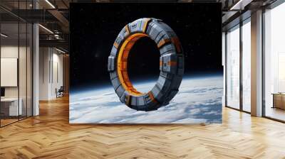 Futuristic spacecraft hovering above Earth in outer space. Wall mural