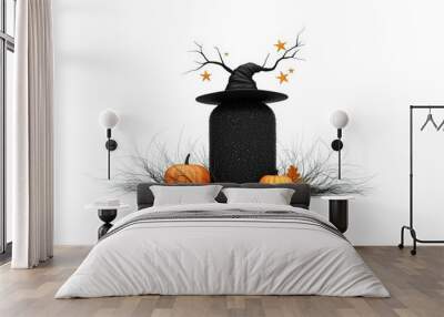 Halloween decoration with pumpkins, black hat, and mystical elements on white background. Wall mural