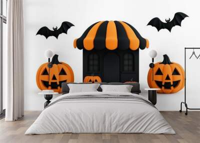 Halloween-themed house, orange black pumpkins, bats, white isolated background. Wall mural