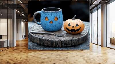 Halloween themed mug and pumpkin on a rustic wooden board. Wall mural